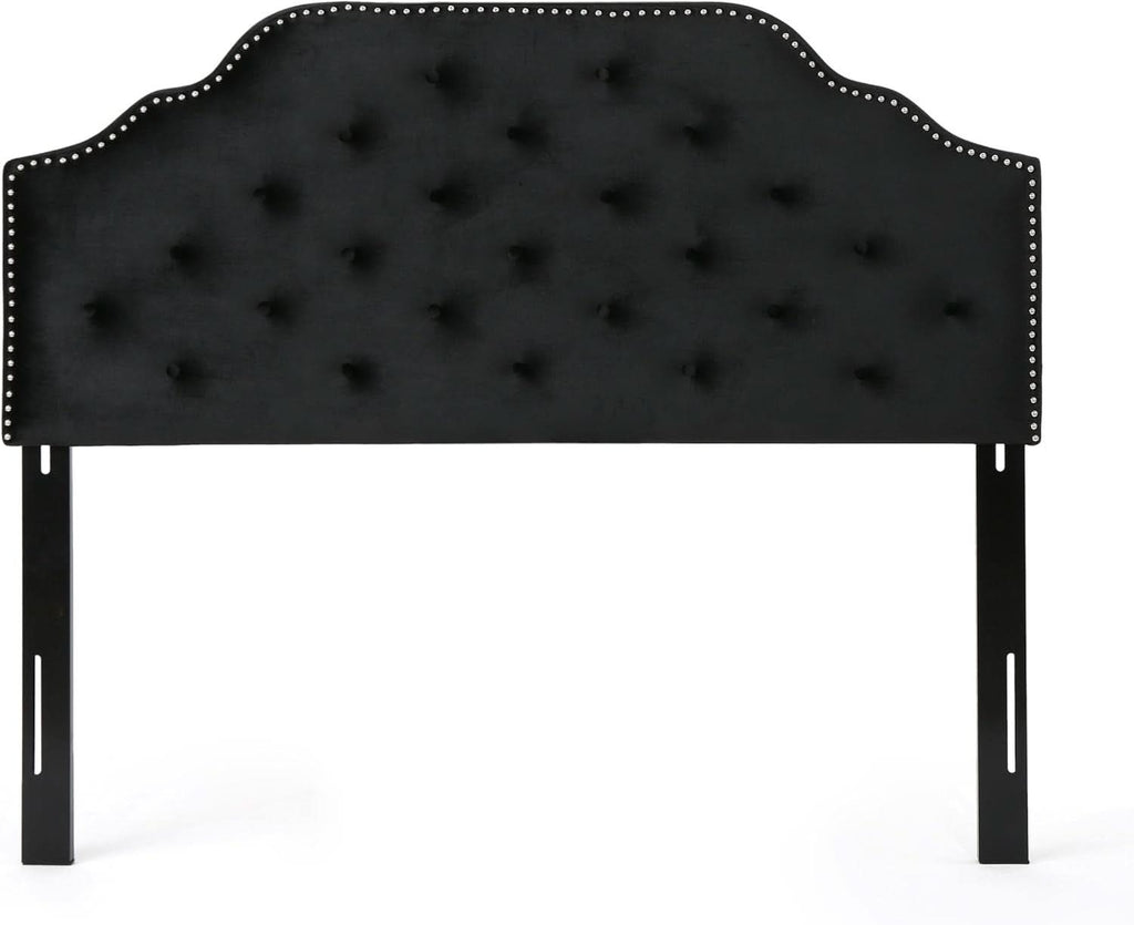 Contemporary Black Velvet Headboard with Button Tufted Design