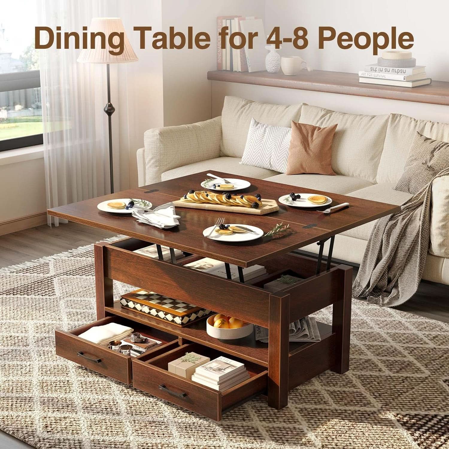 Espresso Lift Top Coffee Table With Drawers And Hidden Compartment