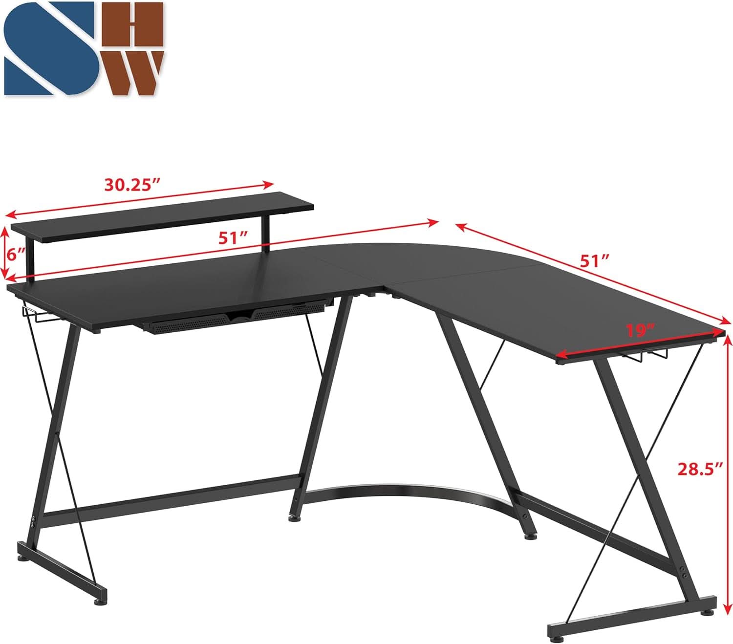 Vista L Shaped Desk With Removable Monitor Shelf In Black