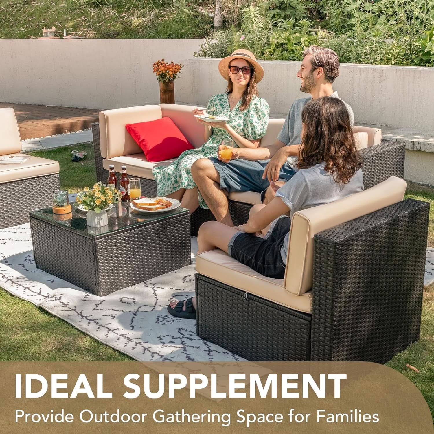 Six Piece Outdoor Rattan Sectional Sofa Set with Cushions