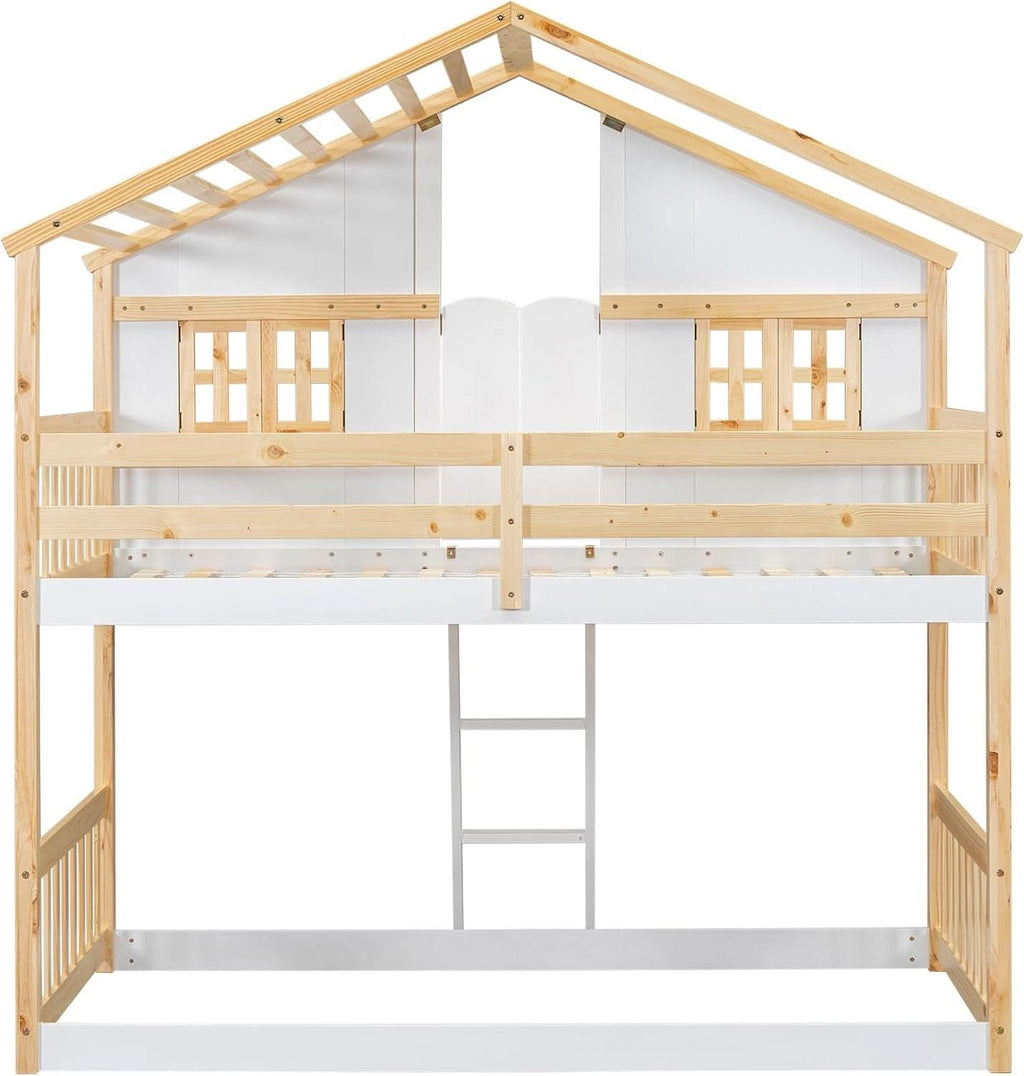 Natural Wood Twin Over Twin House Bunk Bed With Roof
