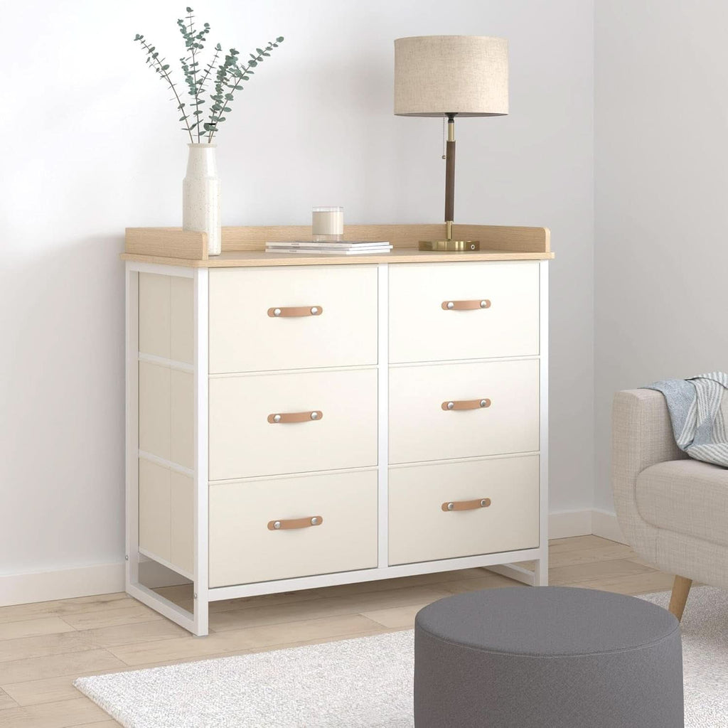 Beige Kids Dresser With 6 Drawers Anti Tip Safety Storage Chest