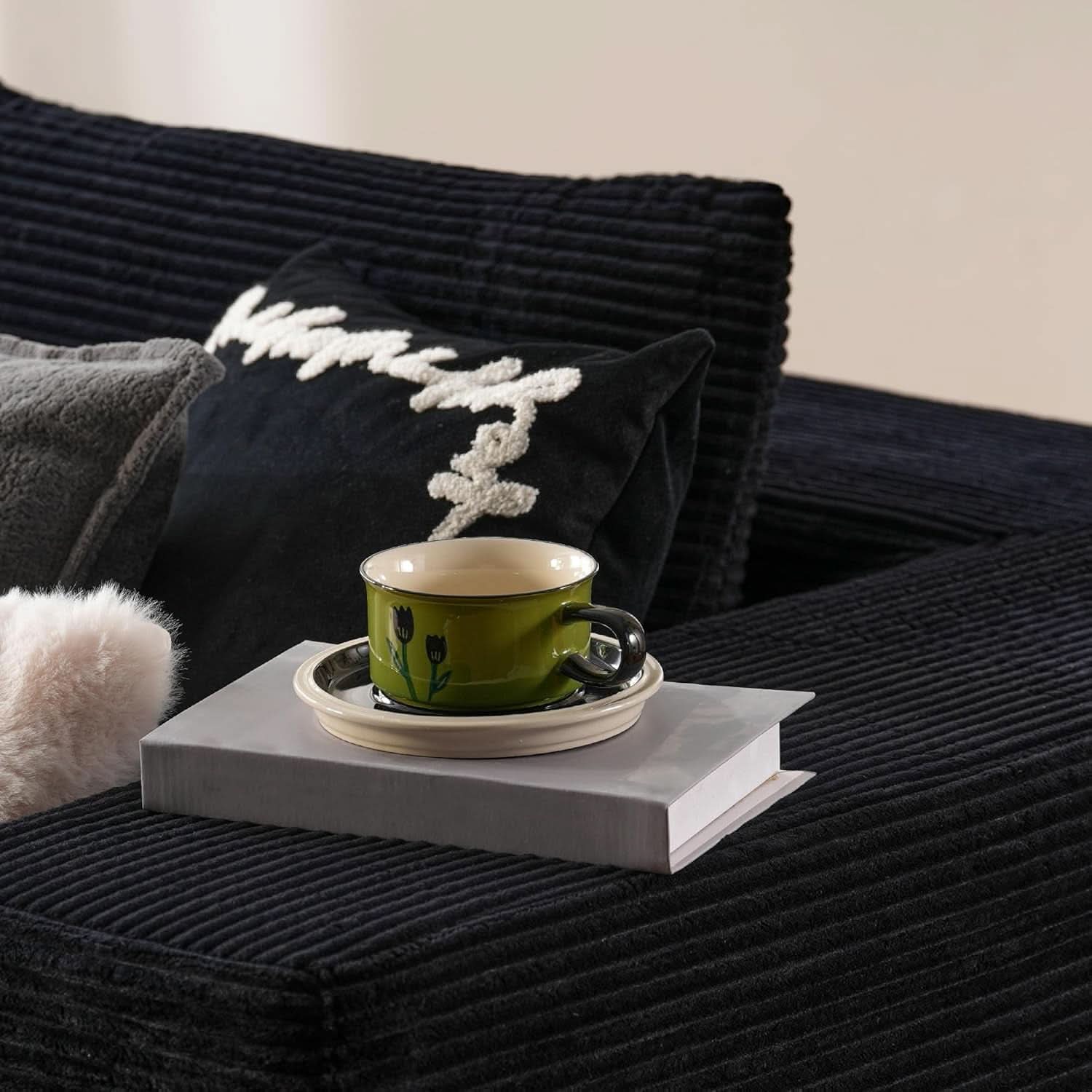 Black Corduroy L-Shaped Sectional Sofa