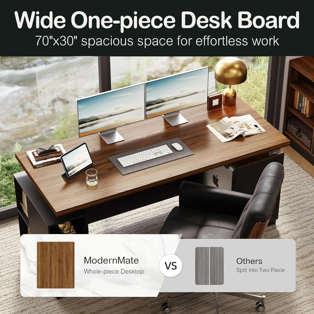 71-Inch Walnut Height-Adjustable Standing Desk with Cabinets