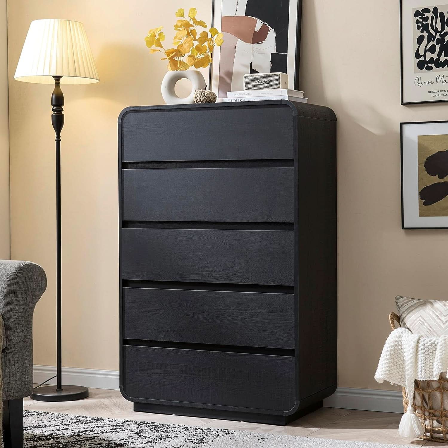 Black Hardwood Dresser With Curved Front Storage Panel
