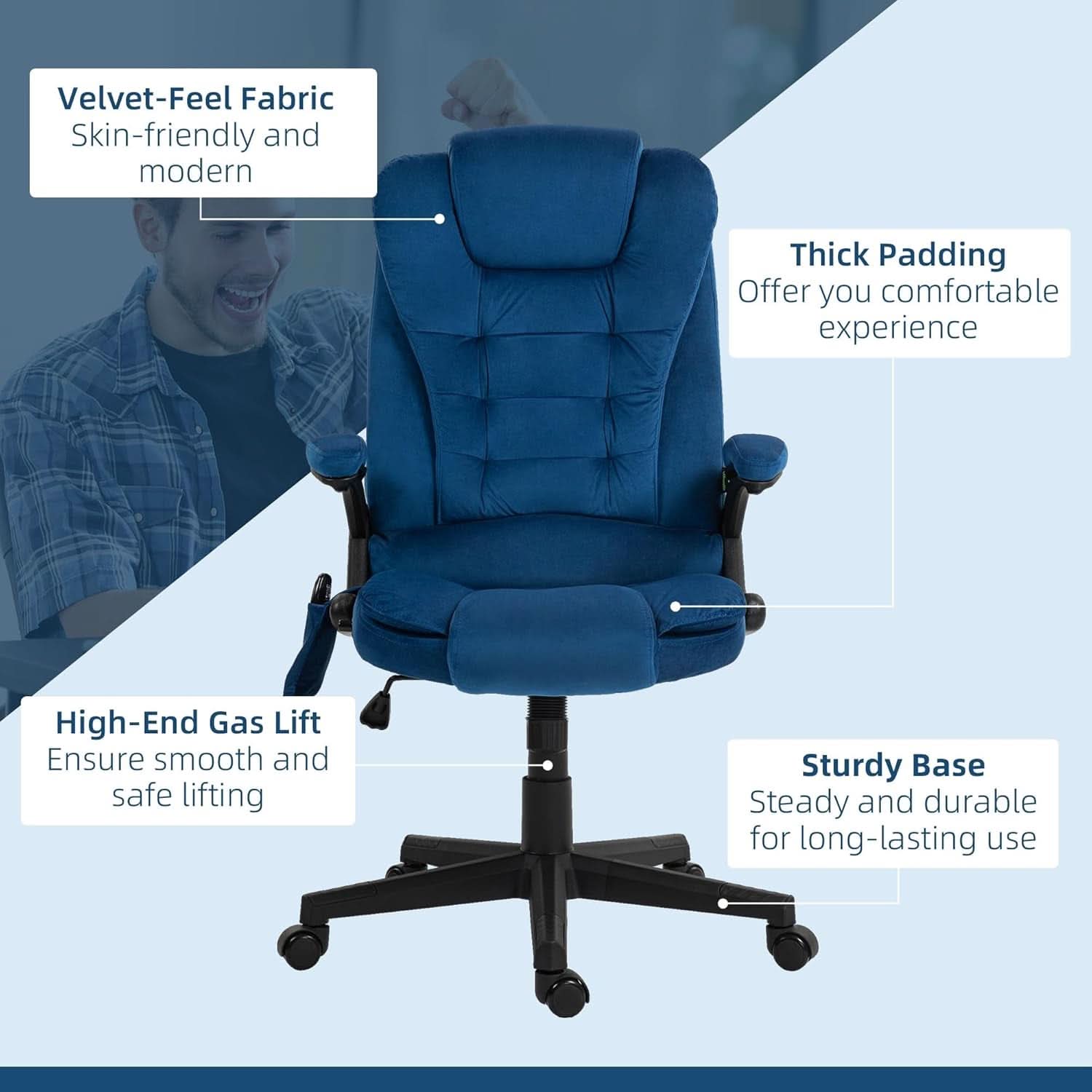Dark Blue Velvet Massage Office Chair With Heat And Recline