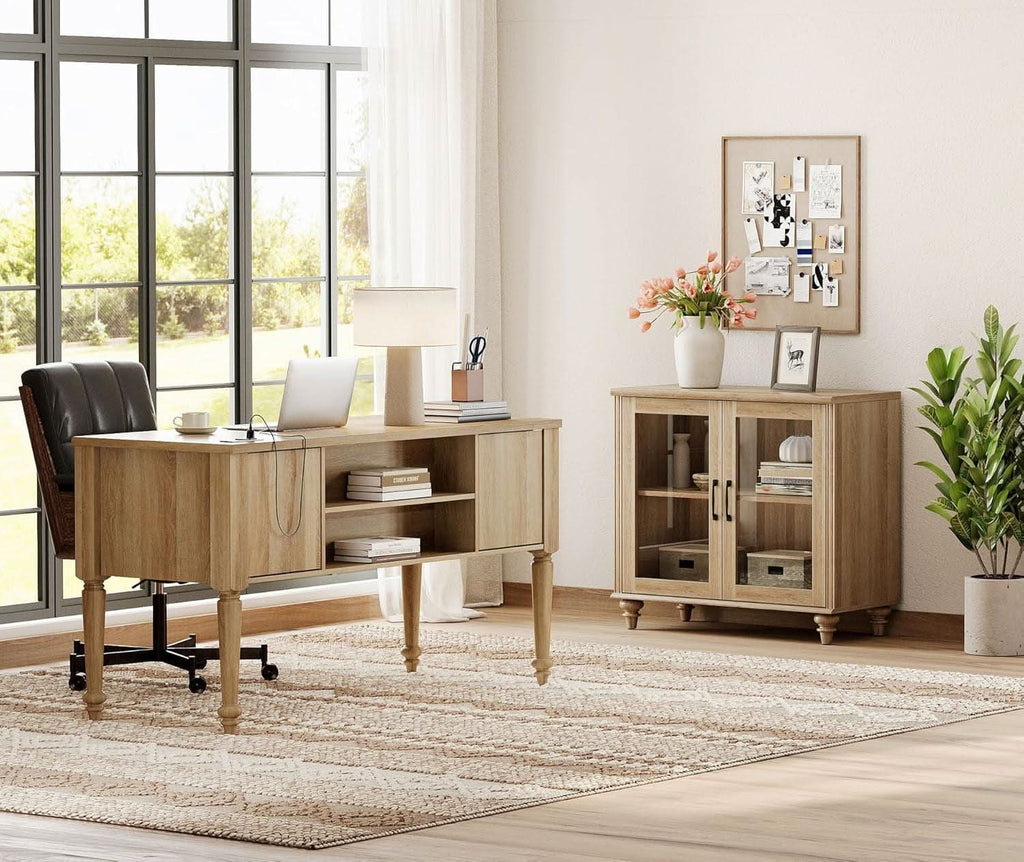 Distressed Oak Farmhouse Executive Desk with Glass Cabinet