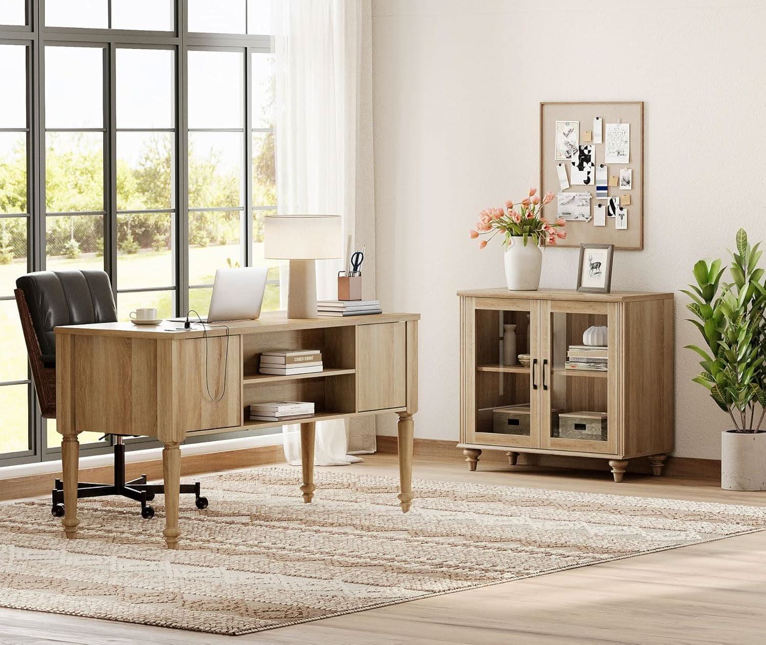 Distressed Oak Farmhouse Executive Desk with Glass Cabinet