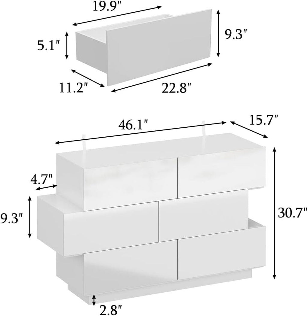White High Gloss Six Drawer Dresser With Asymmetrical Design