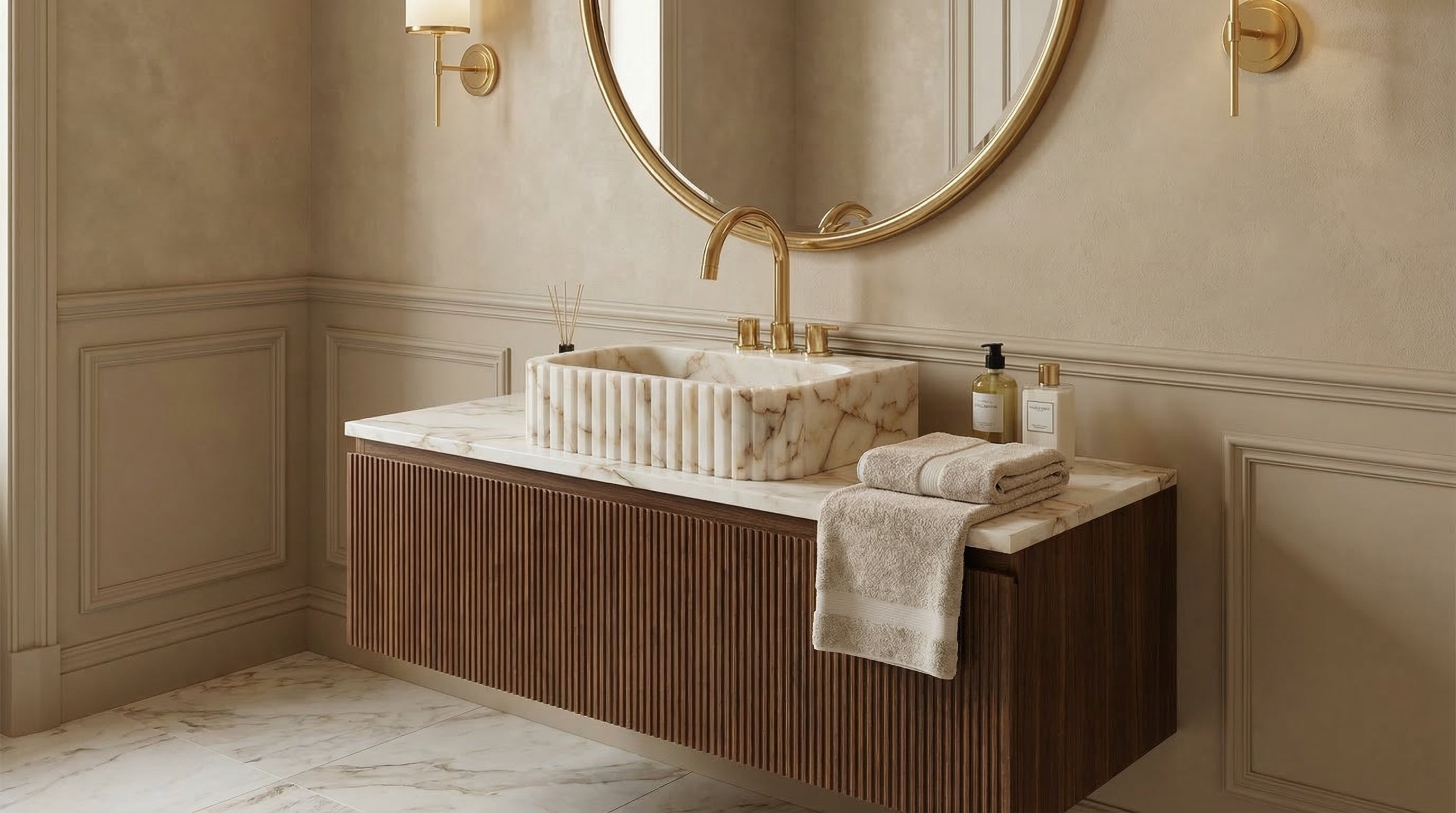 Calacatta Gold Marble Wall-mount Bathroom Vanity Sink Fluted (W)16" (L)20" (H)6"