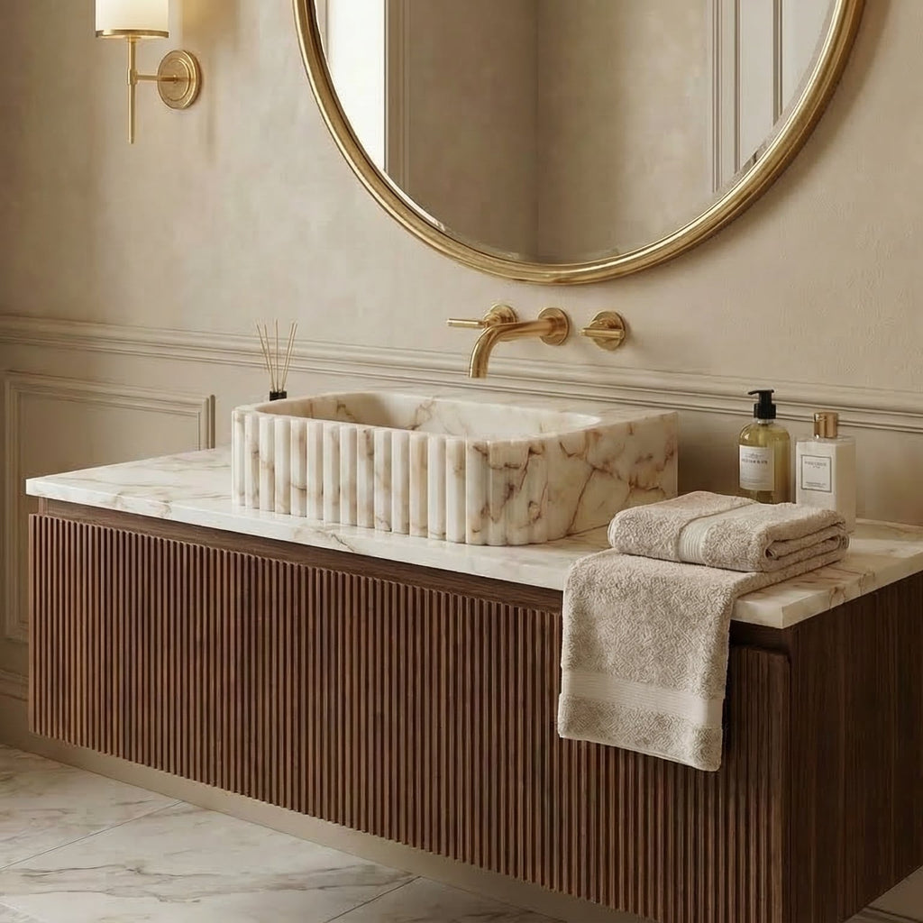 Calacatta Gold Marble Wall-mount Bathroom Vanity Sink Fluted (W)16" (L)20" (H)6"