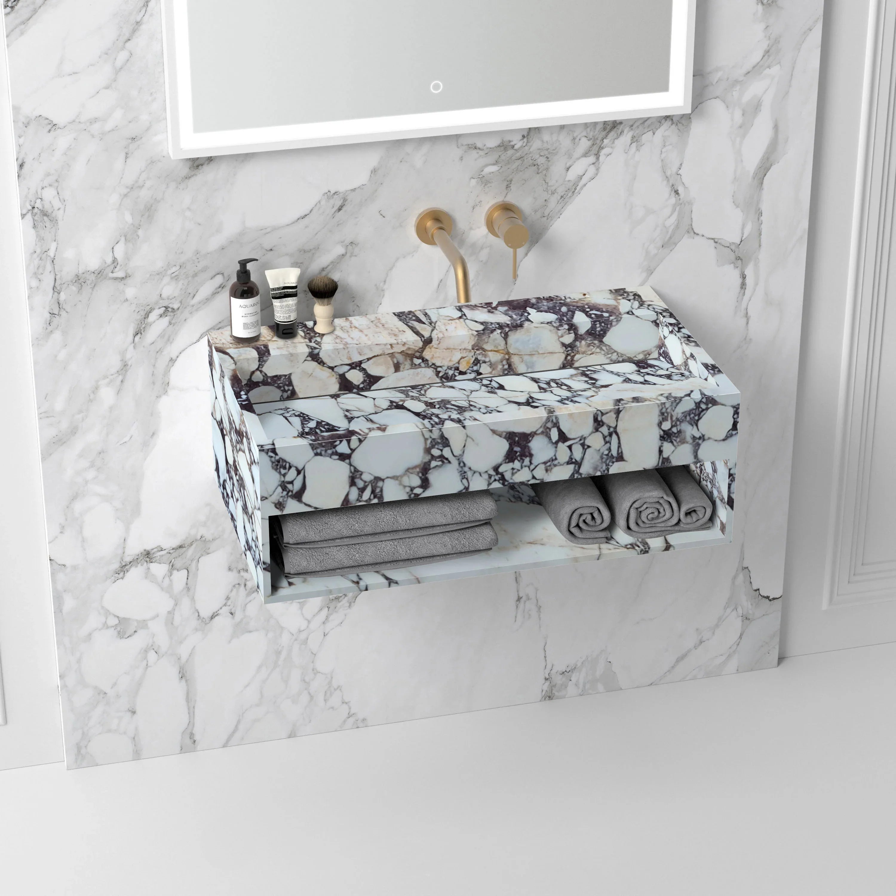 Calacatta Viola Marble Wall-mount Bathroom Sink Hidden Drain with Storage (W)18" (L)40" (H)12"
