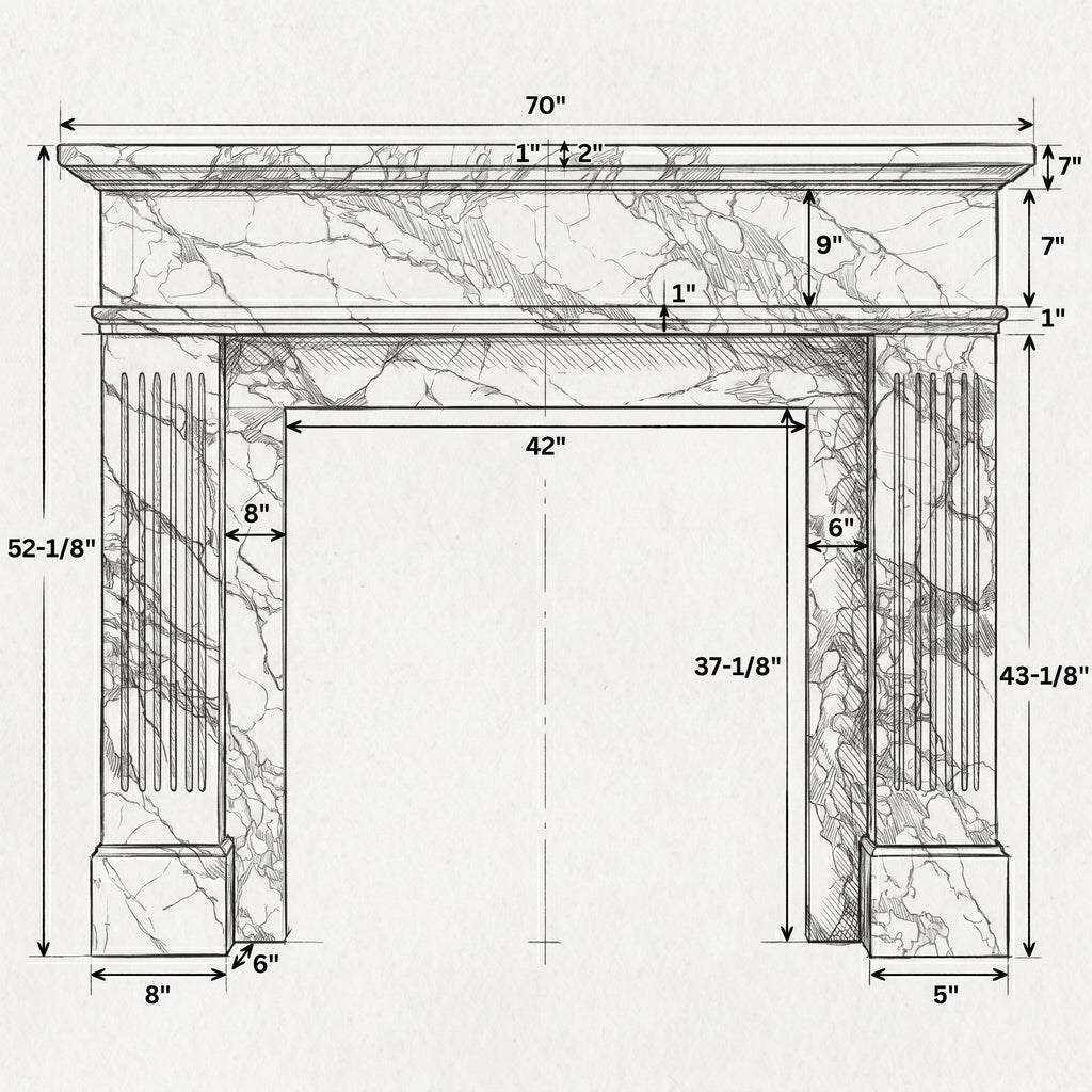 Carrara White Marble Fluted Fireplace Mantel Polished (L)70" (H)52" (D)7"