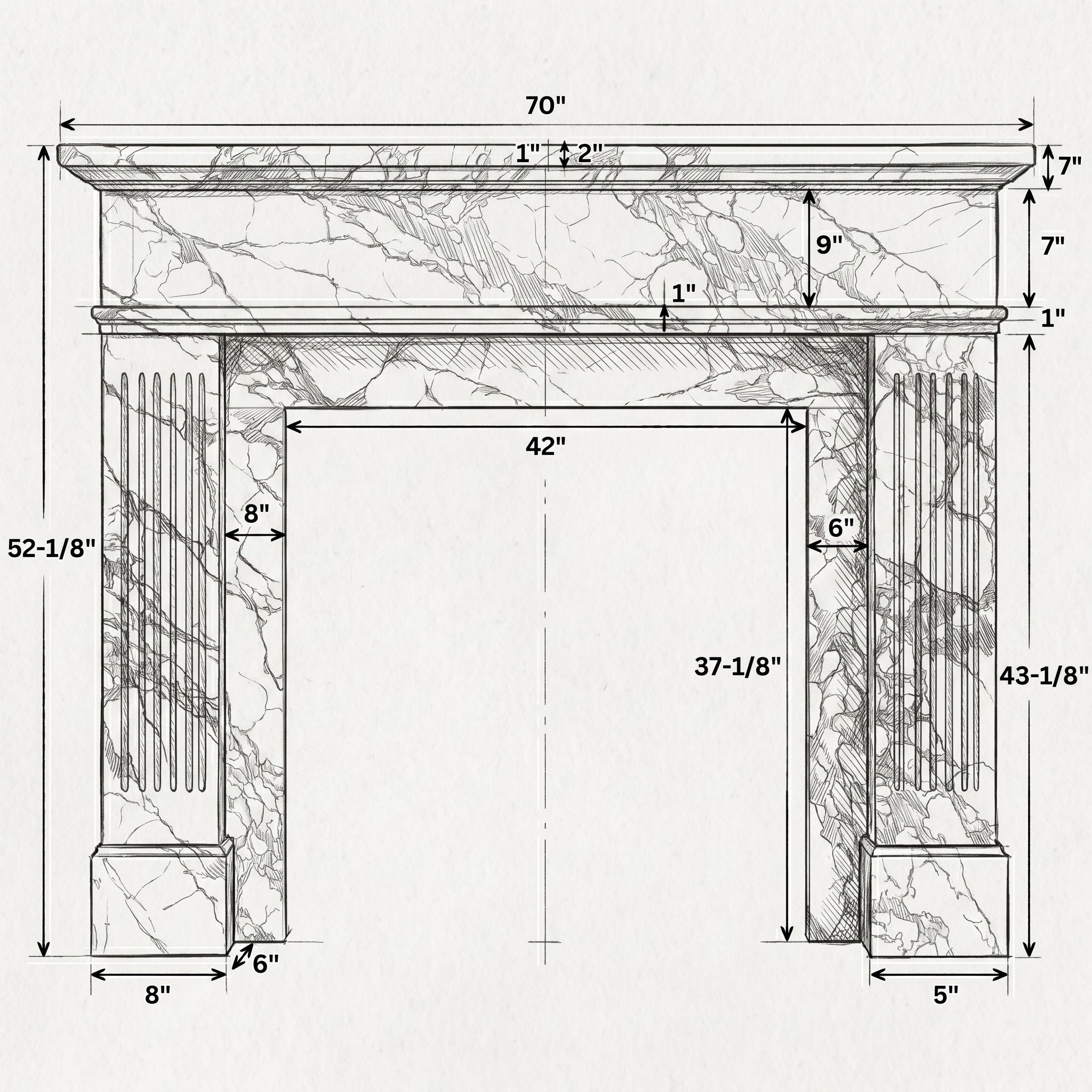 Carrara White Marble Fluted Fireplace Mantel Polished (L)70" (H)52" (D)7"