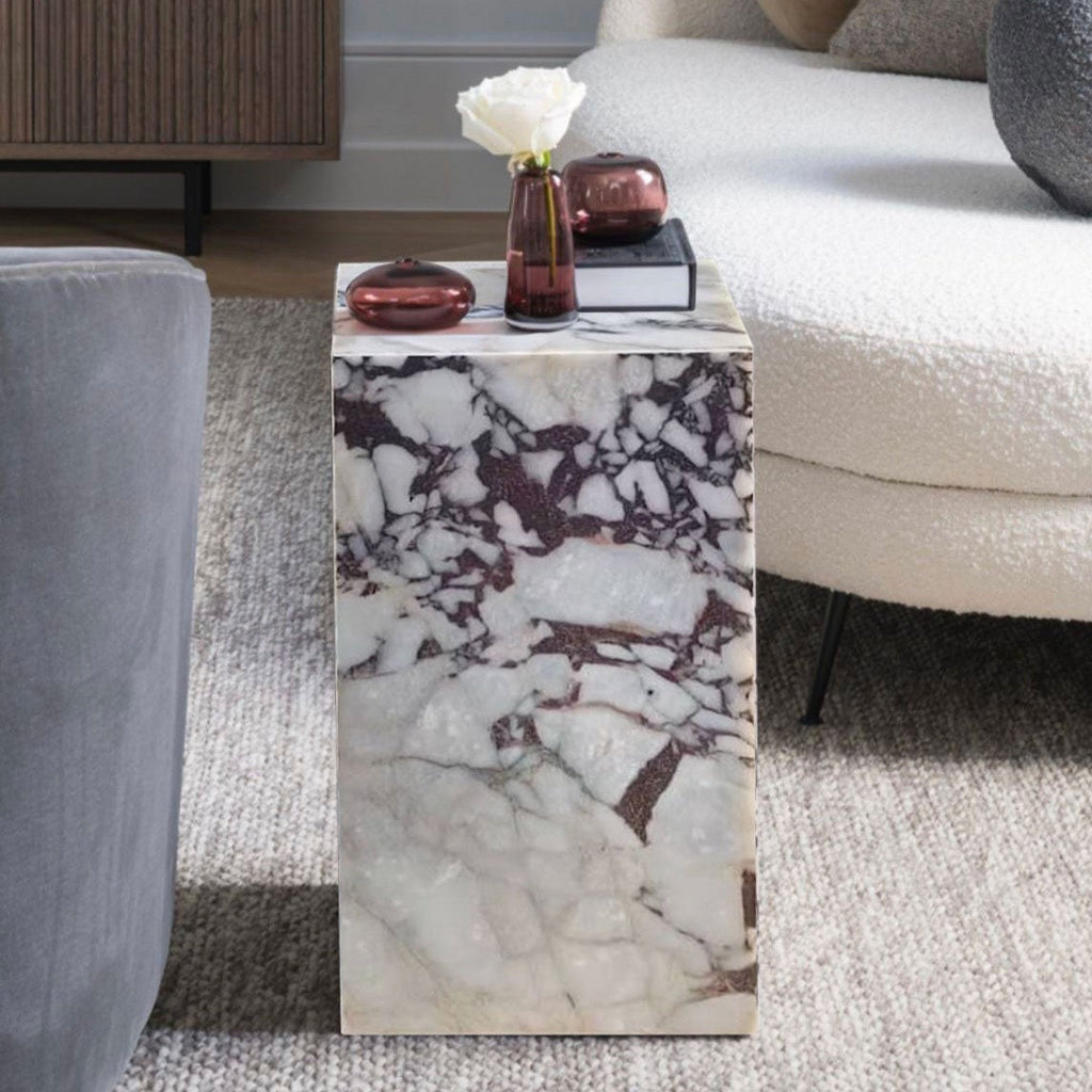 Calacatta Viola Marble Cube Design Plinth End/Side Table, Nightstand Polished (W)15.75" (L)15.75" (H)15.75"