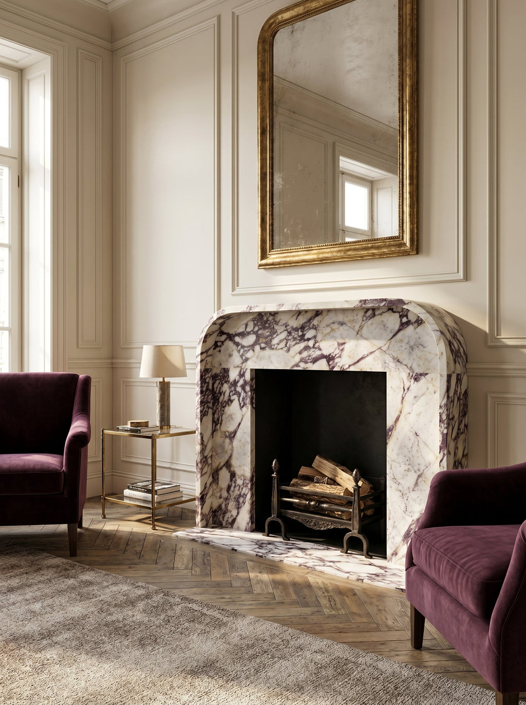 Calacatta Viola Marble Modern Fireplace Mantel Polished (L)69" (H)50" (D)6"