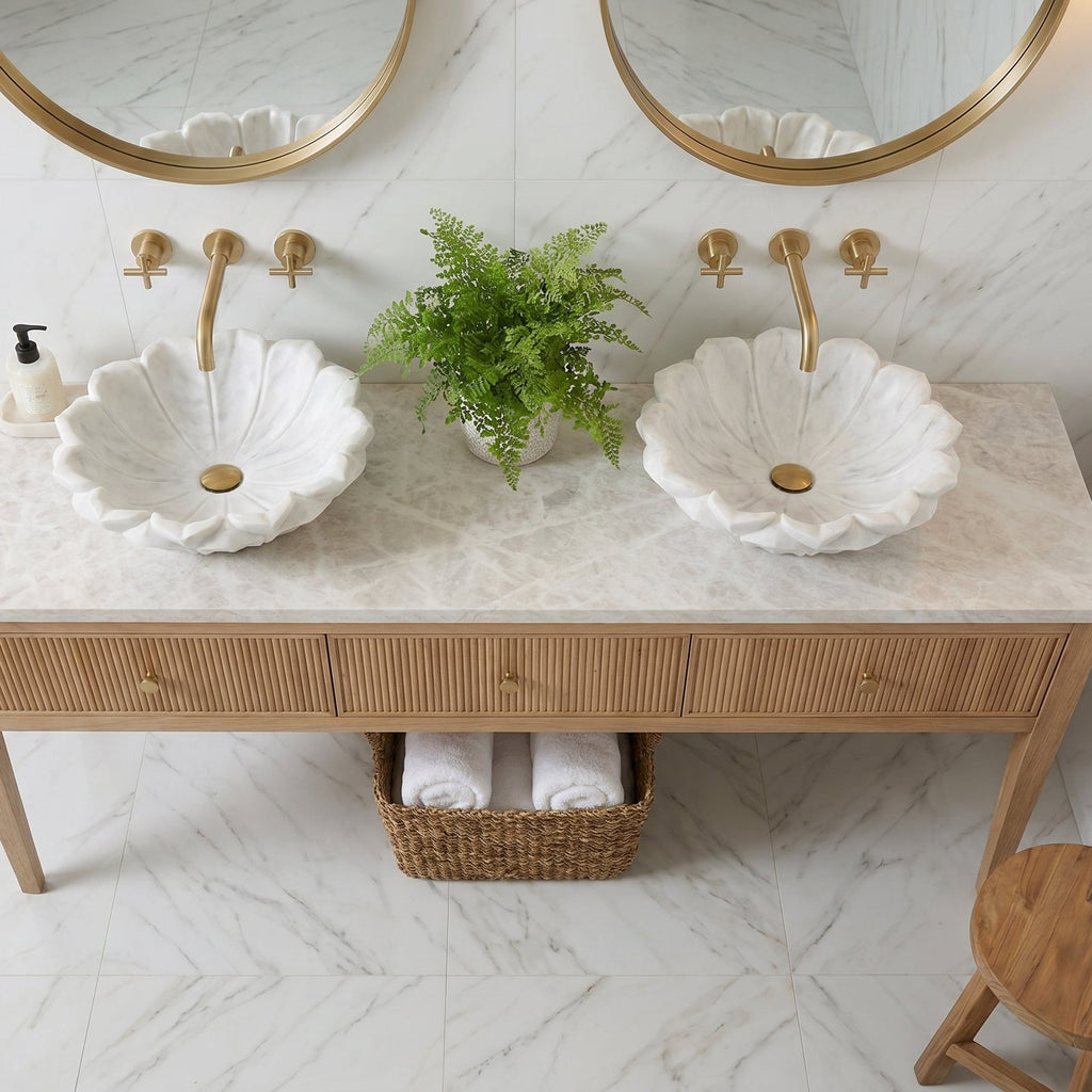 Carrara White Marble Flower Shape Polished Sink (D)18" (H)6"