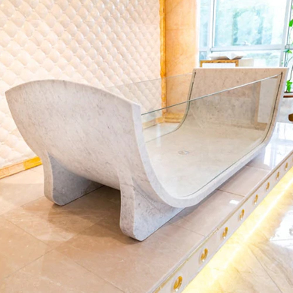 Carrara White Marble Bathtub Strong Tempered Glass Side Walls Polished (W)32" (L)79" (H)24"