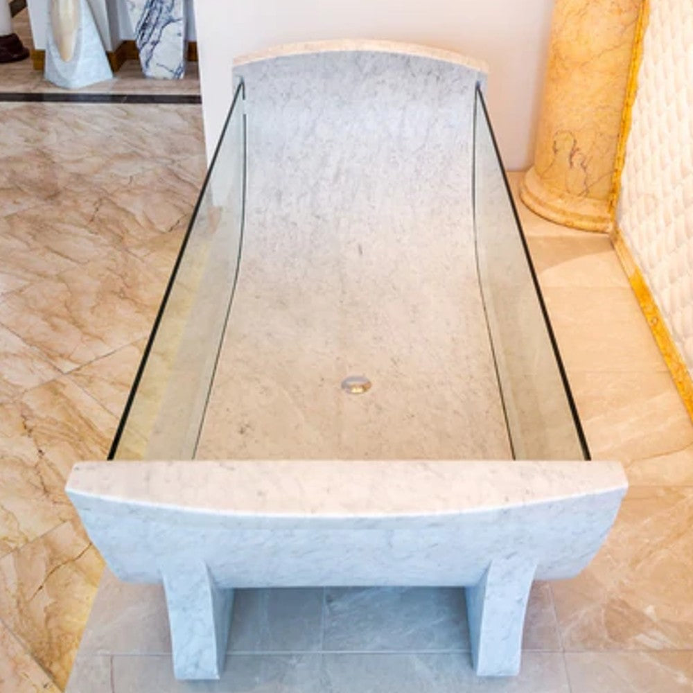 Carrara White Marble Bathtub Strong Tempered Glass Side Walls Polished (W)32" (L)79" (H)24"