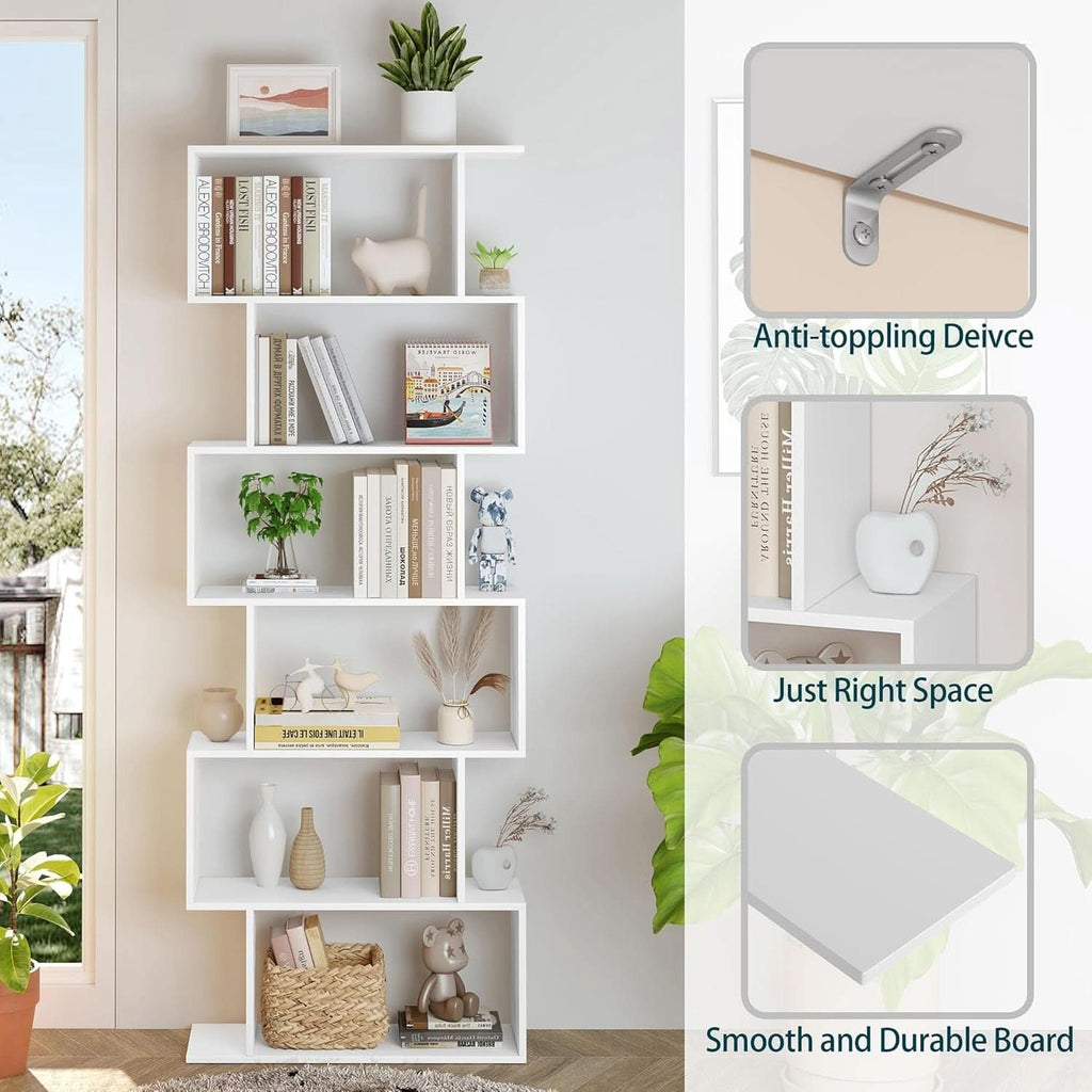 S Shaped Bookshelf White 6 Tier Display Bookcase Office