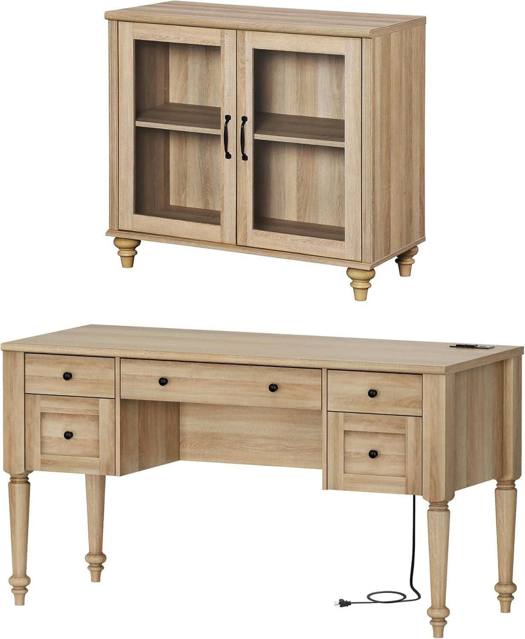 Distressed Oak Farmhouse Executive Desk with Glass Cabinet