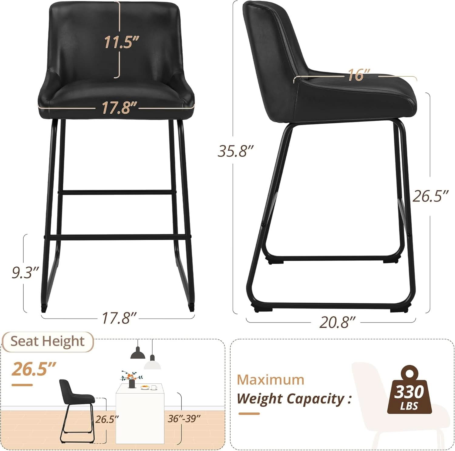 26 Inch Faux Leather Bar Stools Set Of 3 Counter Height With Back Modern Kitchen Island Chairs