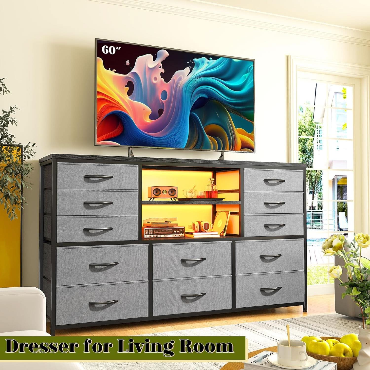 12 Drawer Long Dresser With LED Lights And Built In Power Outlet For Bedroom Storage