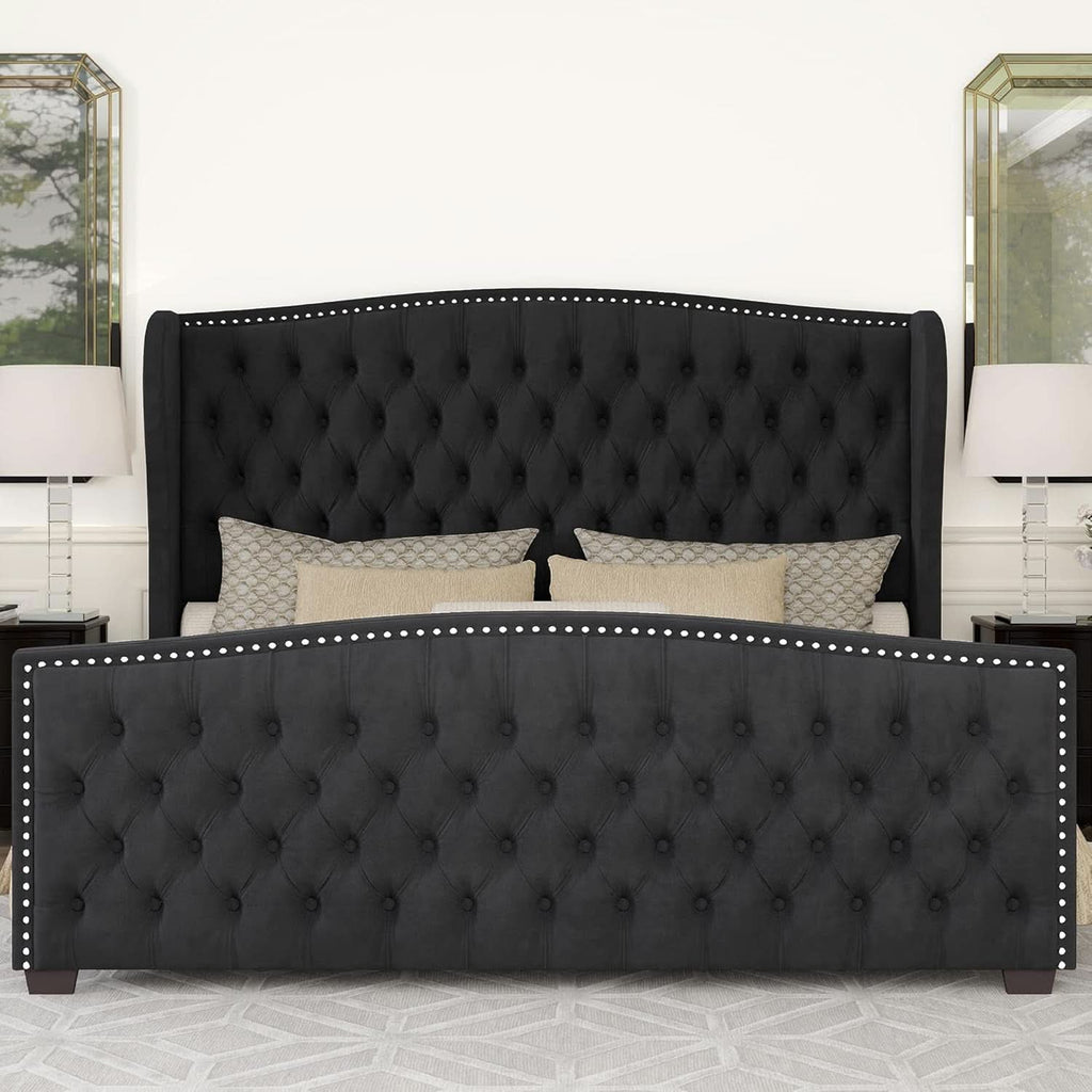 Queen Size Platform Bed Frame With Nailhead Trim Deluxe