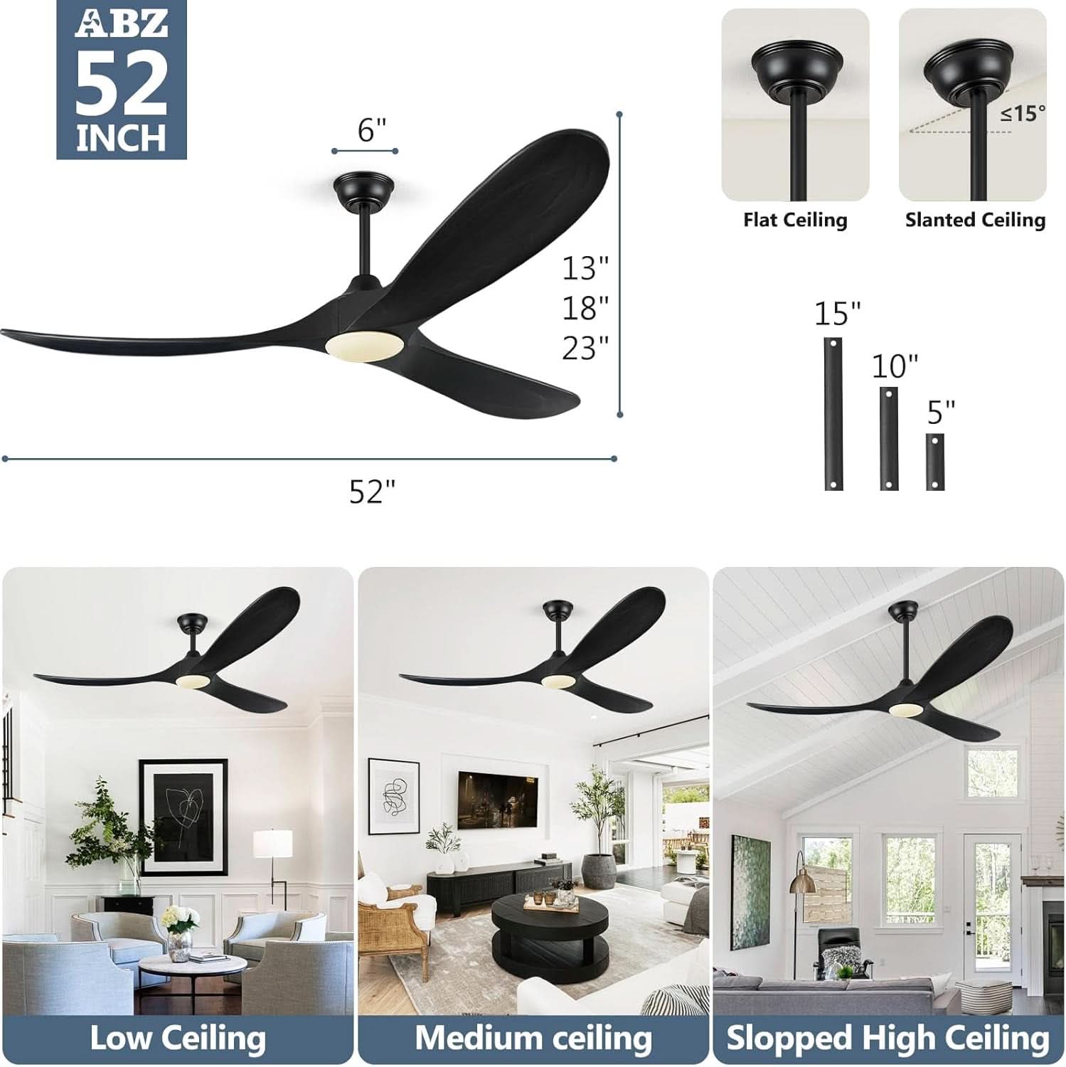 52Inch Matte Black Ceiling Fan Indoor Outdoor Low Noise