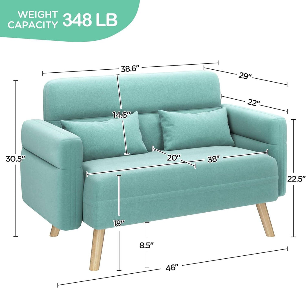 46 Inch Modern Fabric Loveseat Aquamarine With Pillows