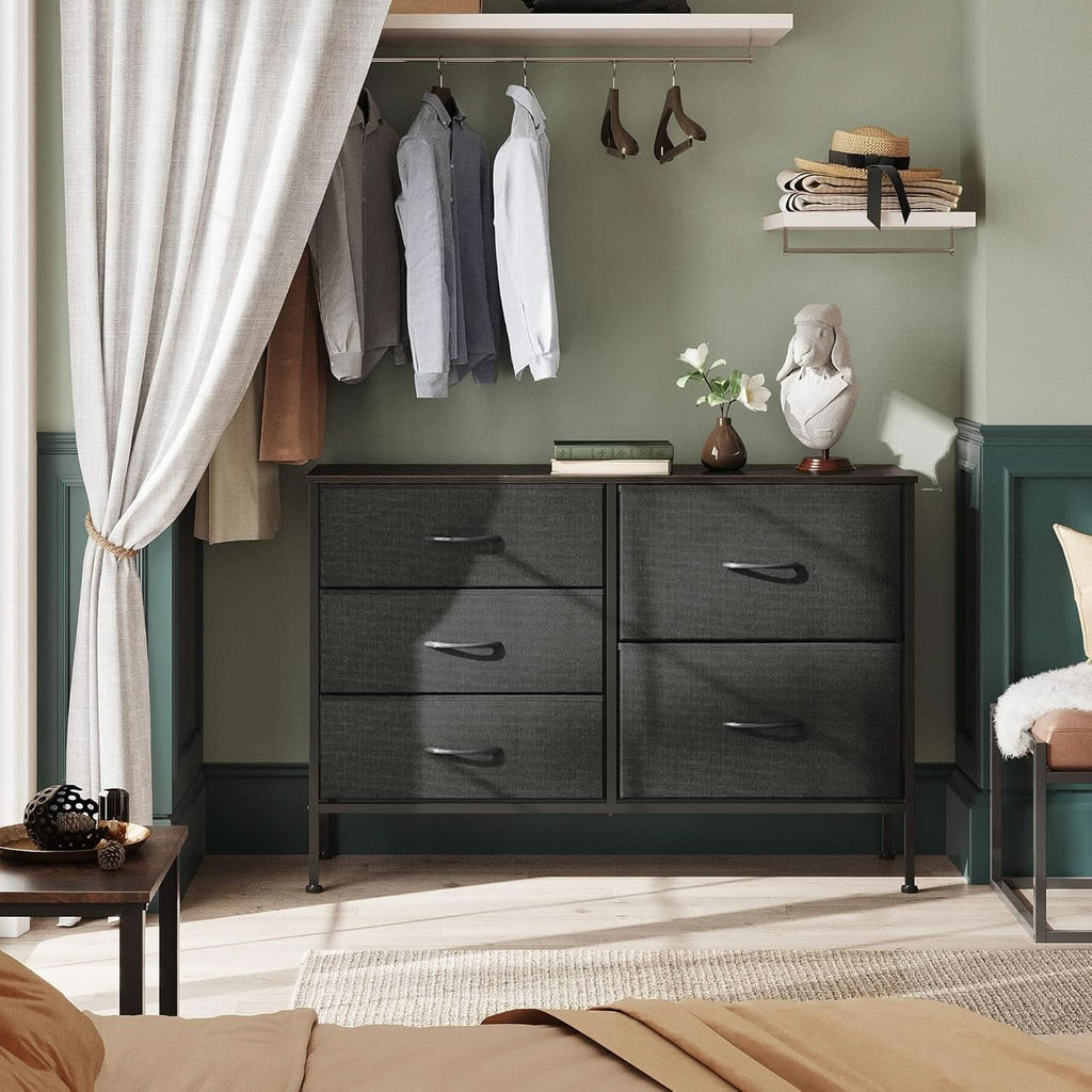 Charcoal Black Fabric Dresser With 5 Drawers For Bedroom Storage