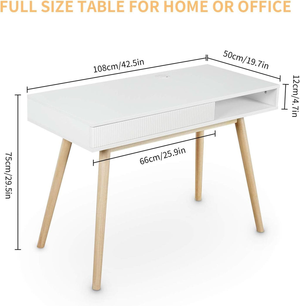 White Mid Century Modern Desk With Hidden Drawer For Home Office