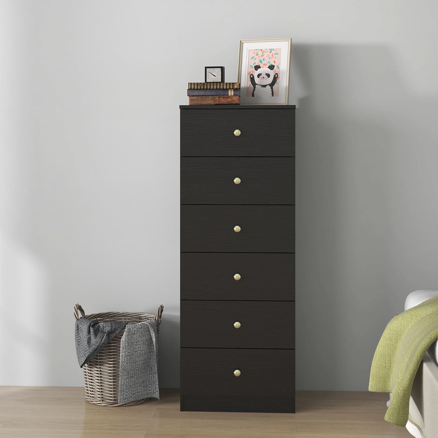 Six Drawer Vertical Dresser Black Wood Gold Handles