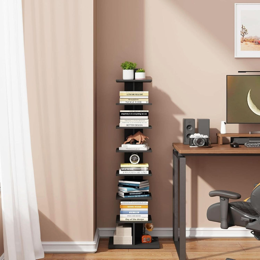 Vertical 8 Tier Bookshelf Black For Small Spaces Bookcase