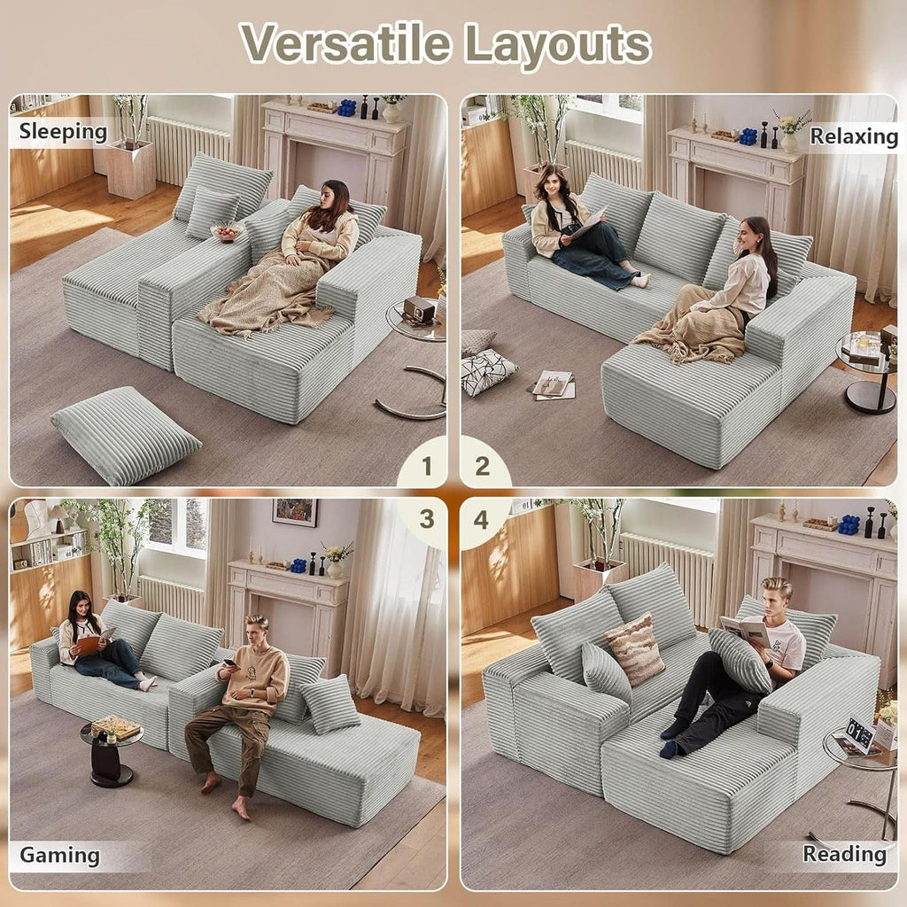 107 Inch Grey Corduroy L Shaped Modular Sleeper Sofa
