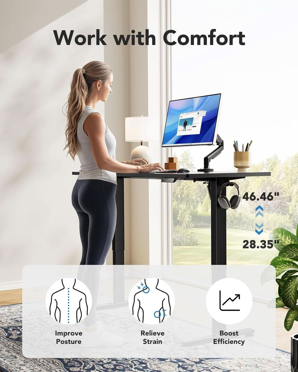 Electric Standing Desk 48x24 Inch Adjustable Height 4 Memory Settings Black