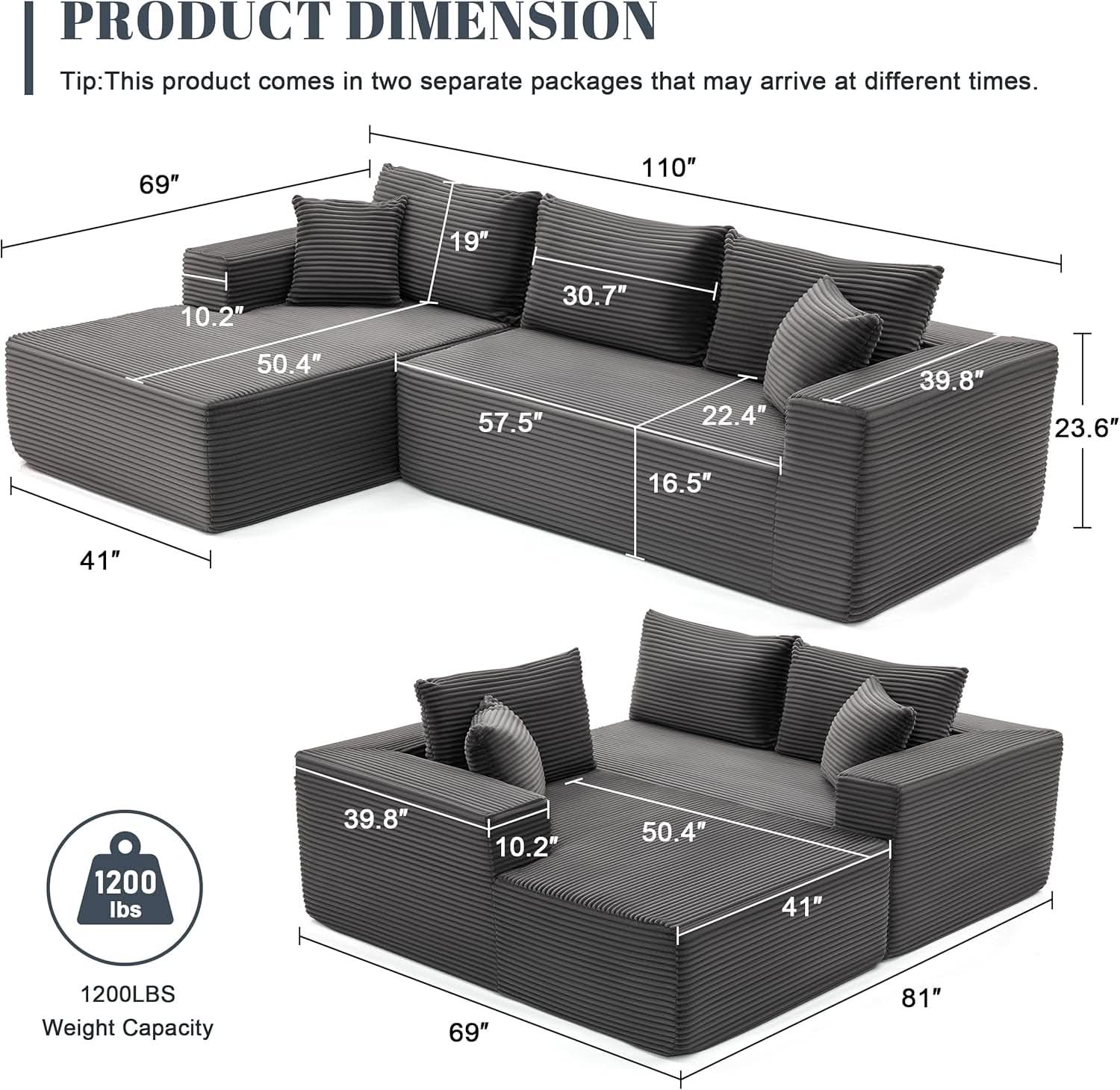 Dark Grey Cloud Sectional Sofa with Deep Seat