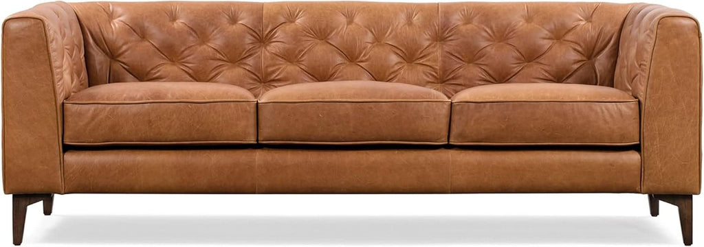 Cognac Tan Leather Sofa with Tufted Back Design