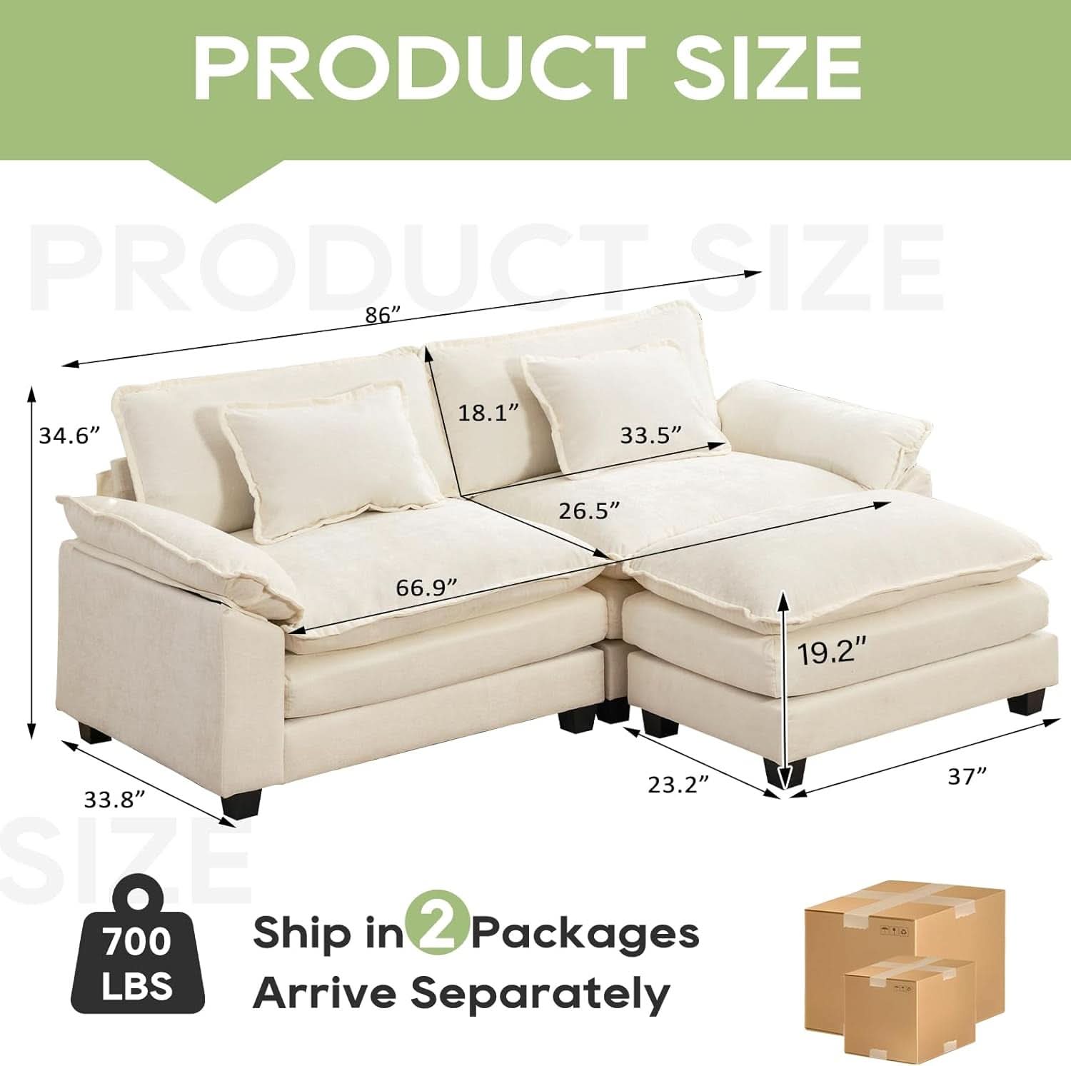 Beige White Cloud Sectional Sofa with Ottoman
