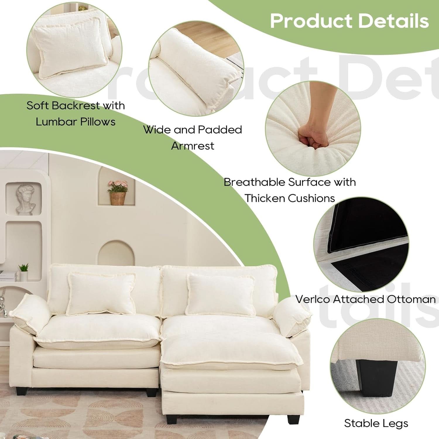 Beige White Cloud Sectional Sofa with Ottoman