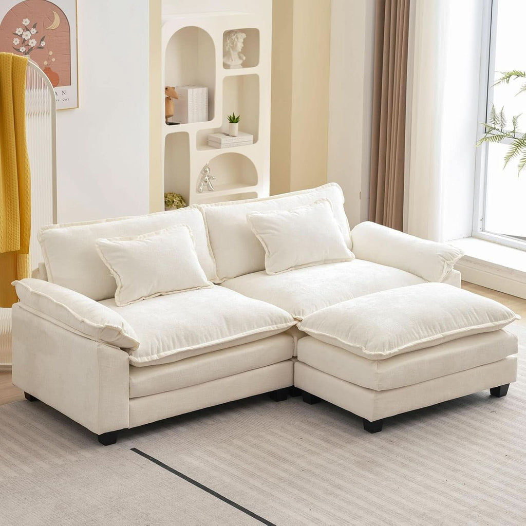 Beige White Cloud Sectional Sofa with Ottoman