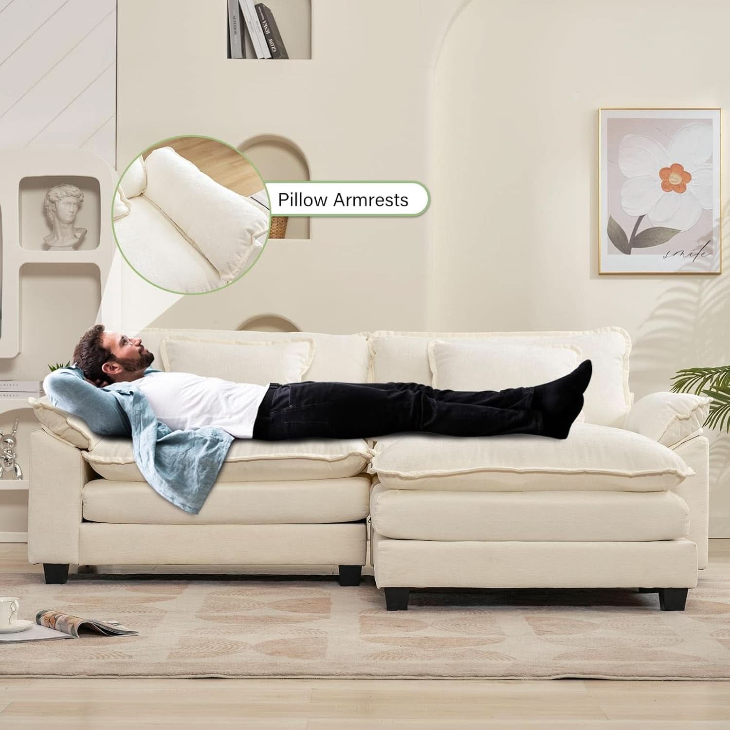 Beige White Cloud Sectional Sofa with Ottoman