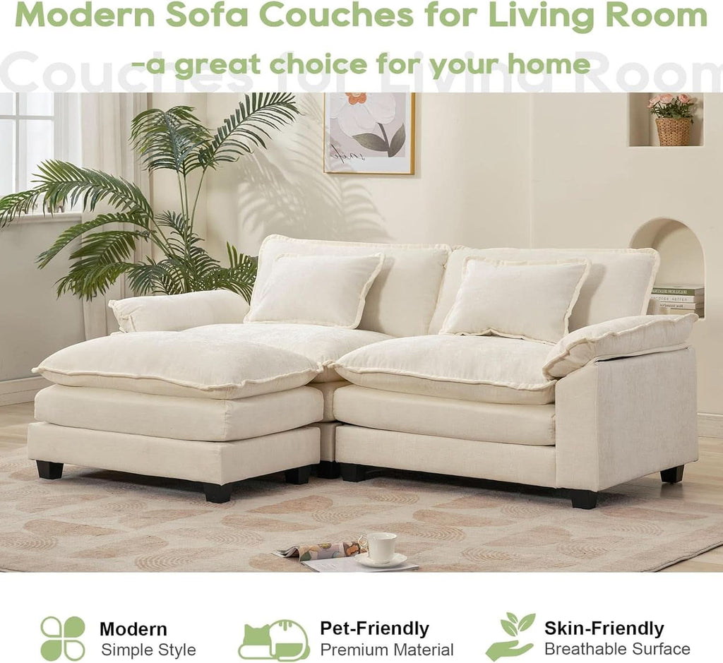 Beige White Cloud Sectional Sofa with Ottoman