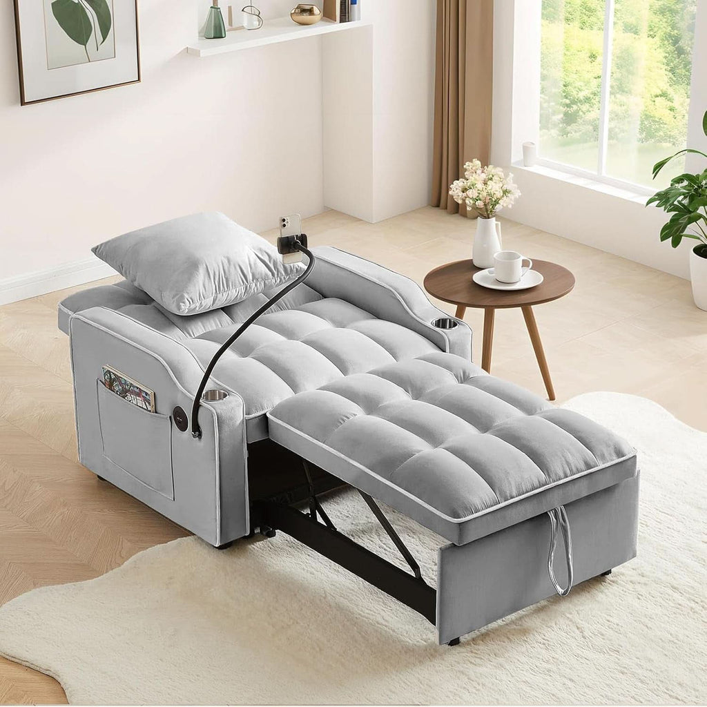 Convertible Sleeper Chair Bed with USB Ports and Holder