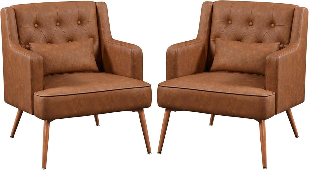Two Brown Leatherette Mid Century Accent Chairs Set