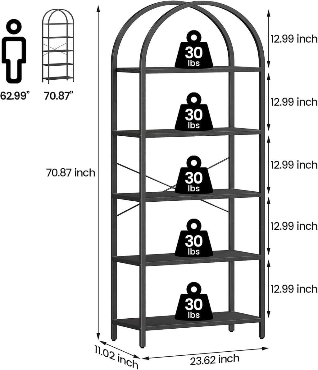Tall Black Arched Bookcase with 5 Open Shelves
