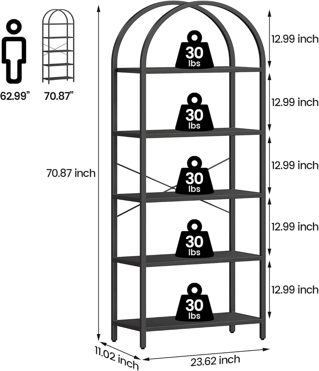 Tall Black Arched Bookcase with 5 Open Shelves