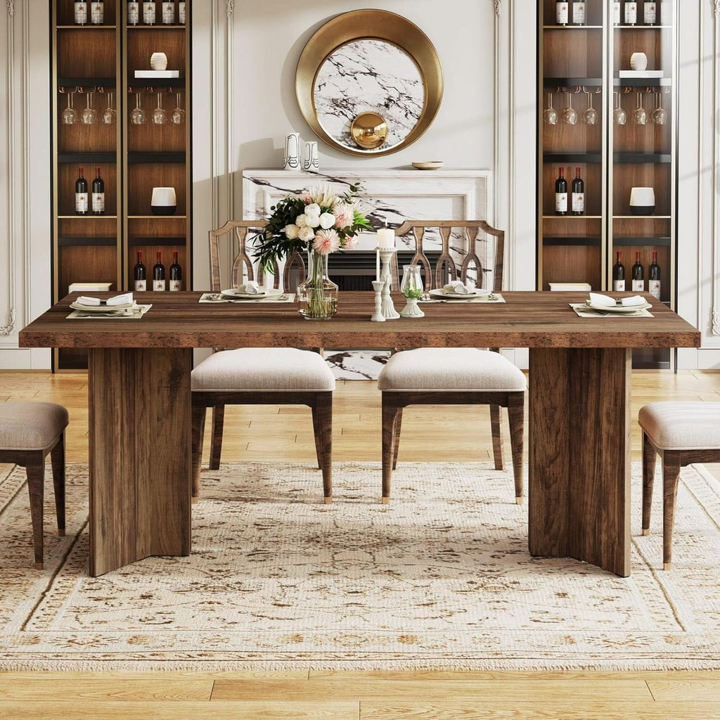 63 Inch Dark Brown Farmhouse Dining Table With Large Tabletop For 4 To 6 People