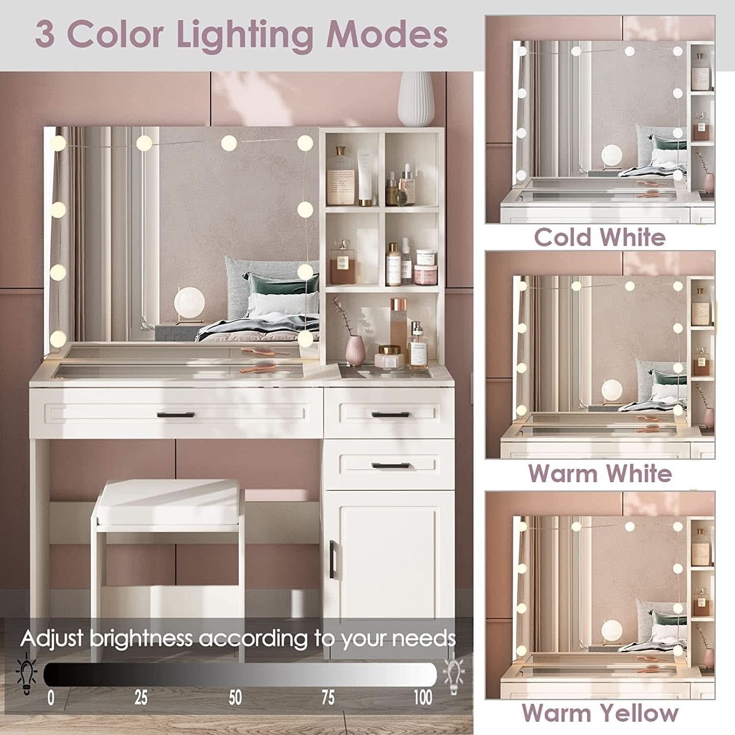 White Vanity Table Set With Glass Top Hollywood Mirror