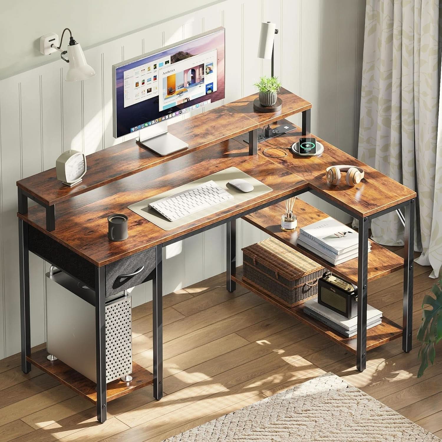 47 Inch L Shaped Desk With LED Lights And Power Outlets